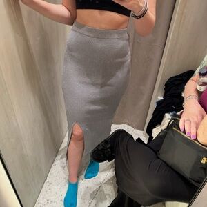 Gray Ribbed Knit Skirt with Slit